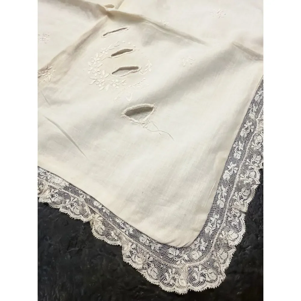 Antique Handmade White Linen Eyelet Cutouts Pillow Sham Cover Lace Border